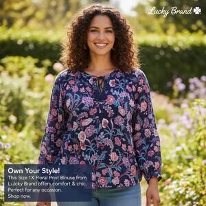 Lucky Brand 1X Floral Print Blouse Navy Blue
